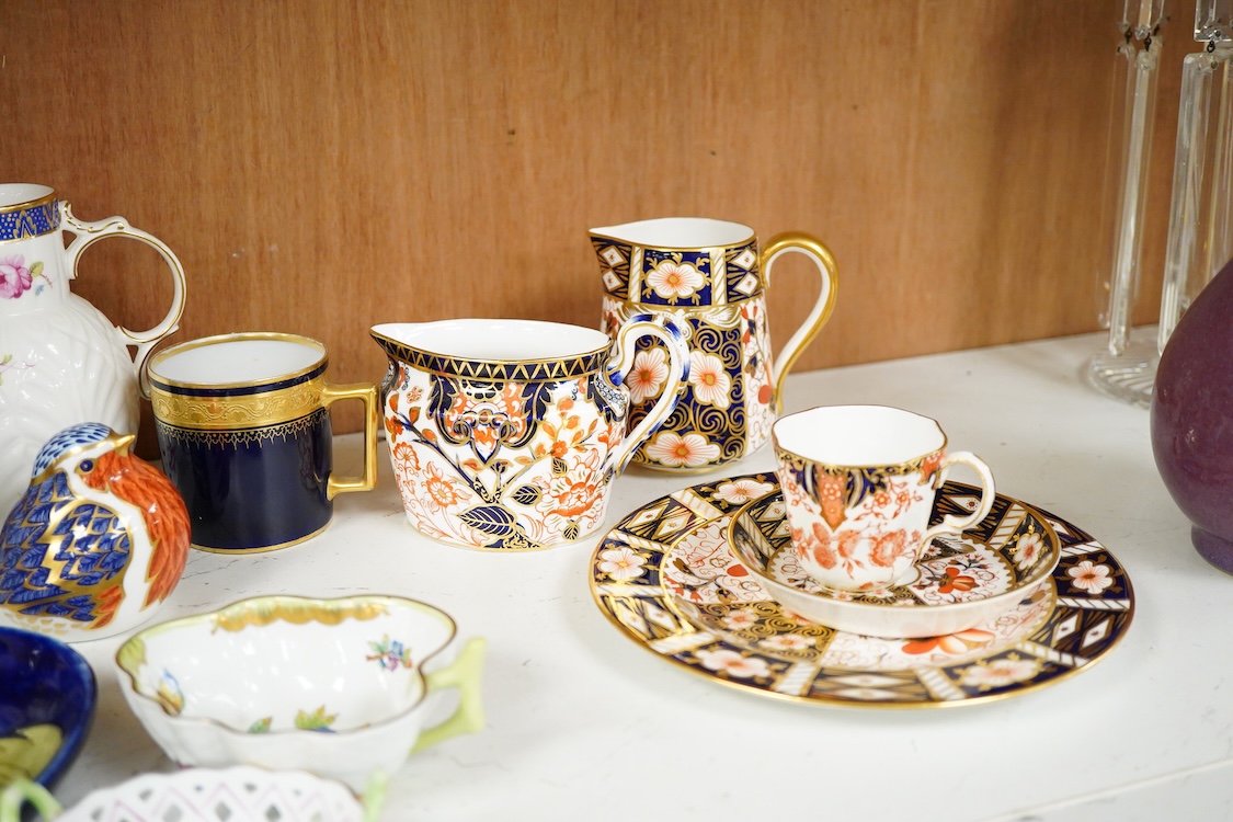 Assorted porcelain to include a Moorcroft oval dish - 23cm long, a collection of Royal Crown Derby teaware and a Robin paper weight, two Herend dishes etc